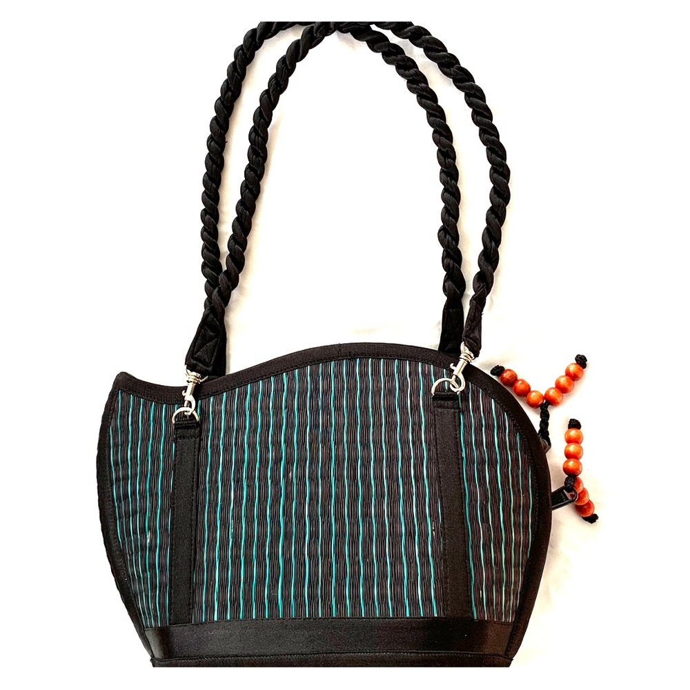 Black with green stripe basket weave purse